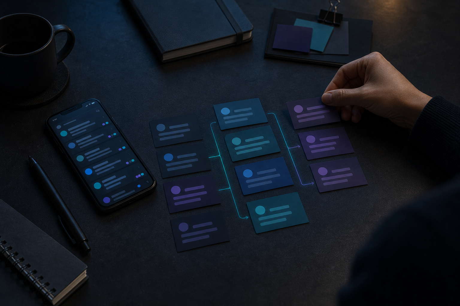 Editorial planning workspace showing comment clusters organized into content cards with calendar grid in cool cyan tones