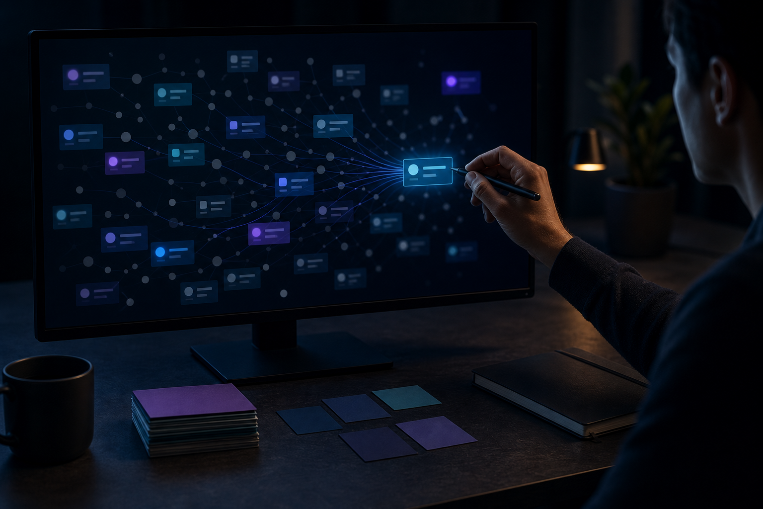 Dark signal map showing bright repeated pattern nodes emerging from scattered dim nodes with cyan and violet connection paths