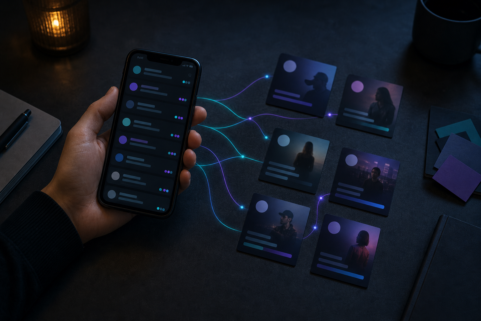 Dark workspace showing creator profile cards with audience signal clusters and evaluation criteria on a slate tablet