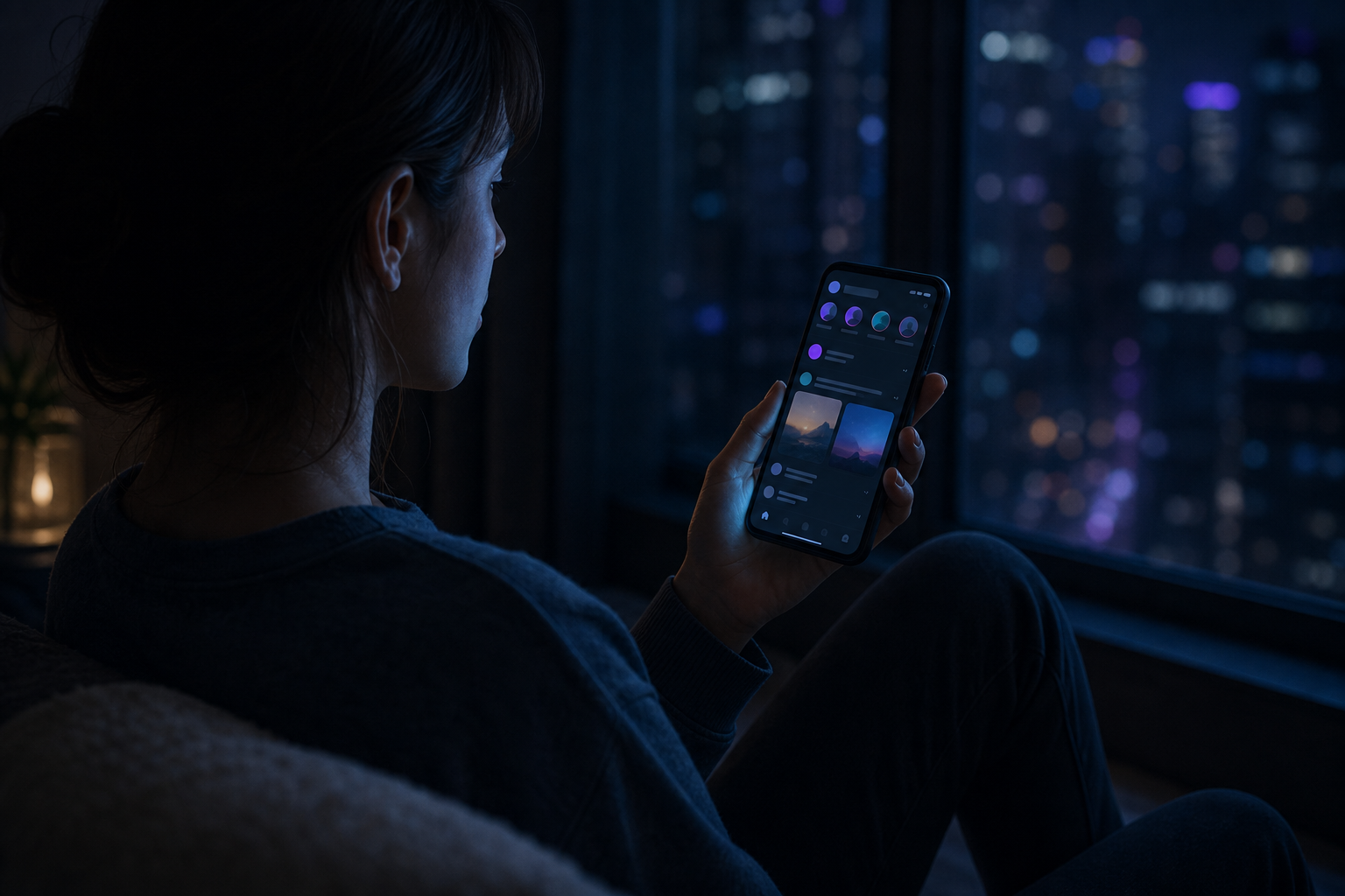 Person viewing phone screen in dim light with subtle profile cards visible in background showing path from observation to trust