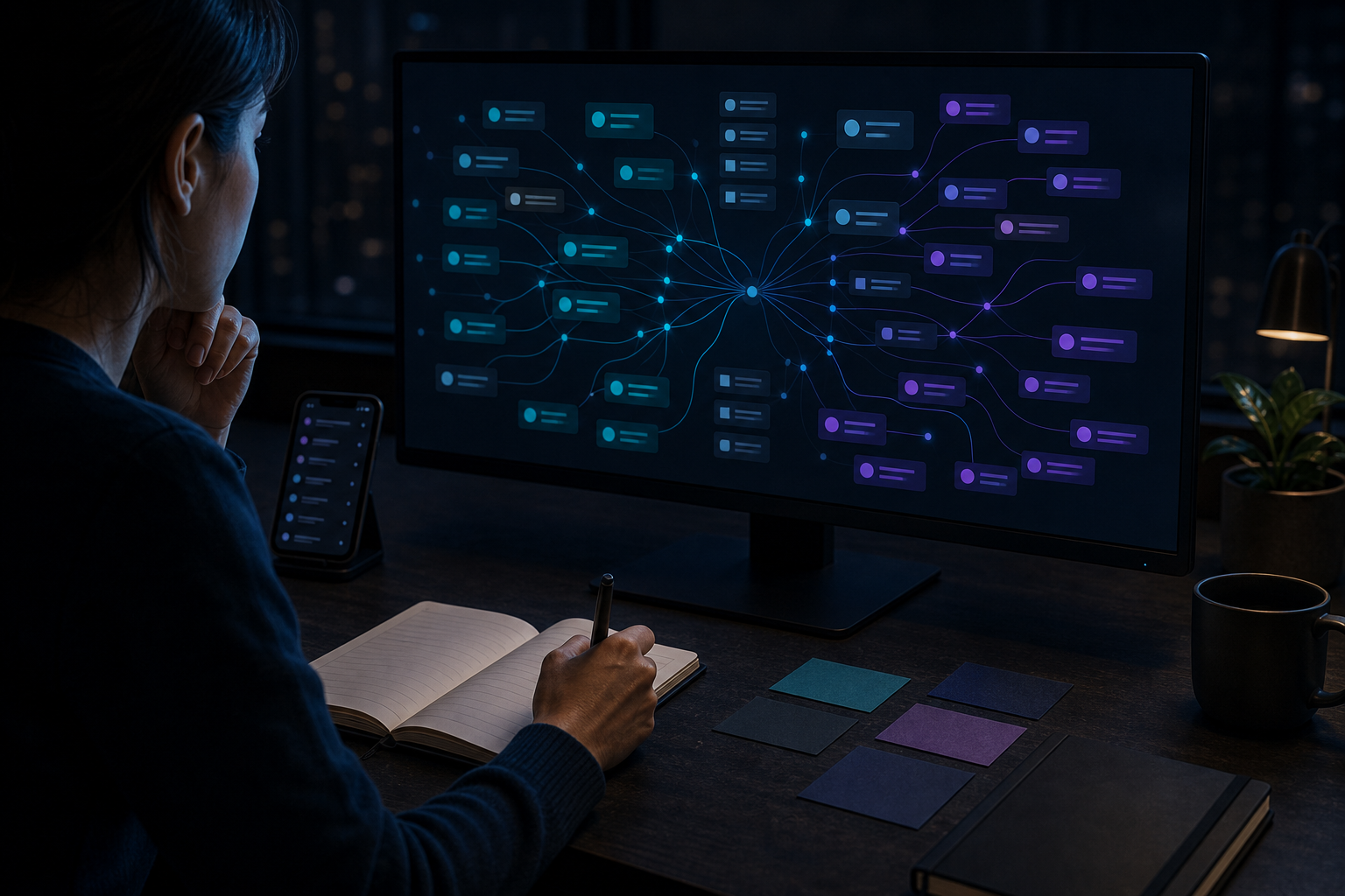 Split operations board showing alert signals on one side and clustered conversation patterns on the other, connected by teal lines