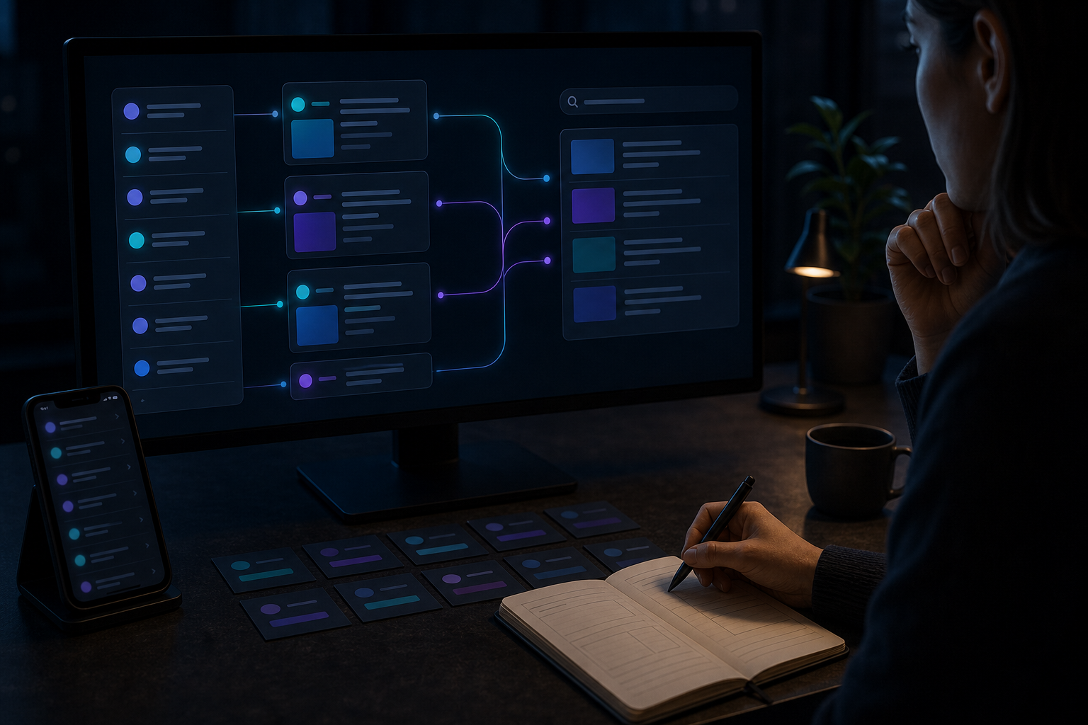 Dark content planning board showing search paths connecting social post cards with entity nodes and editor note panel