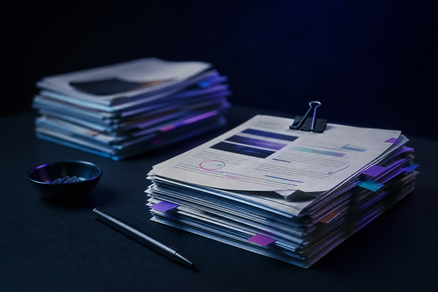 Dark editorial review desk comparing generic AI text cards with sharper human-edited examples