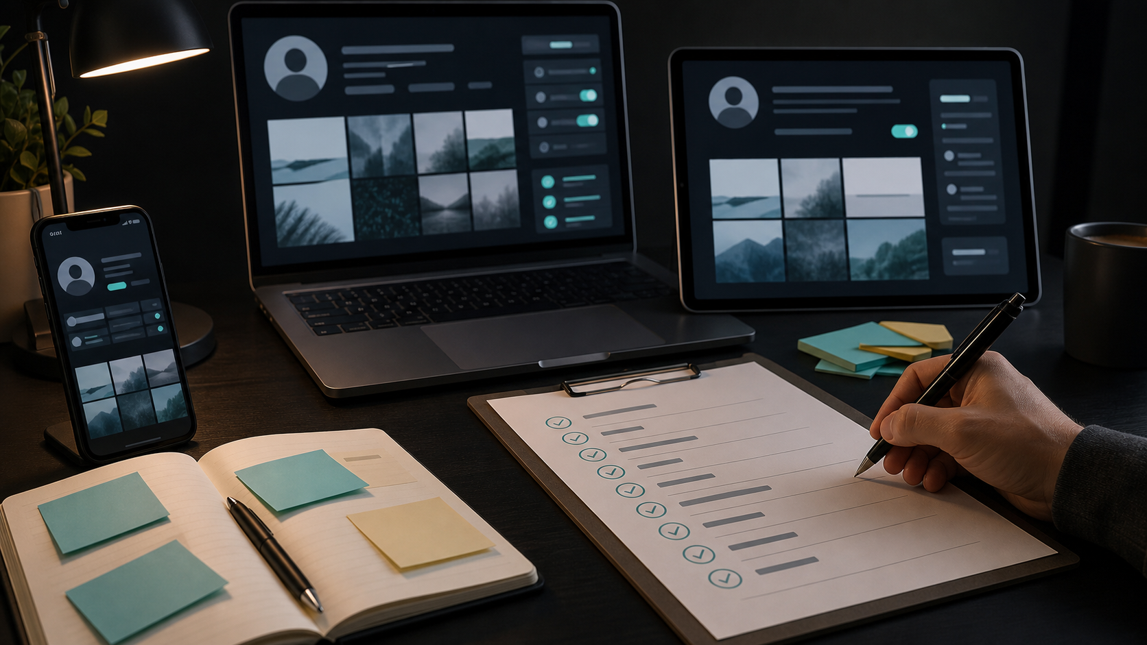 Social profile screens and an audit checklist used to review a public online presence