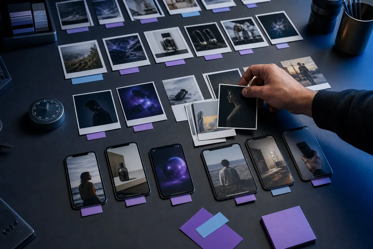 Research cards, saved examples, and purpose tags arranged into a 60-minute swipe file