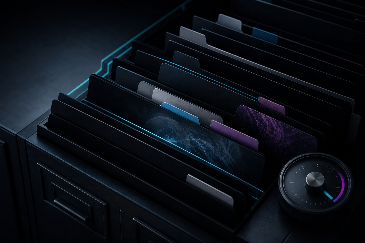 Dark swipe file workspace with saved social examples, tags, and cyan violet research notes