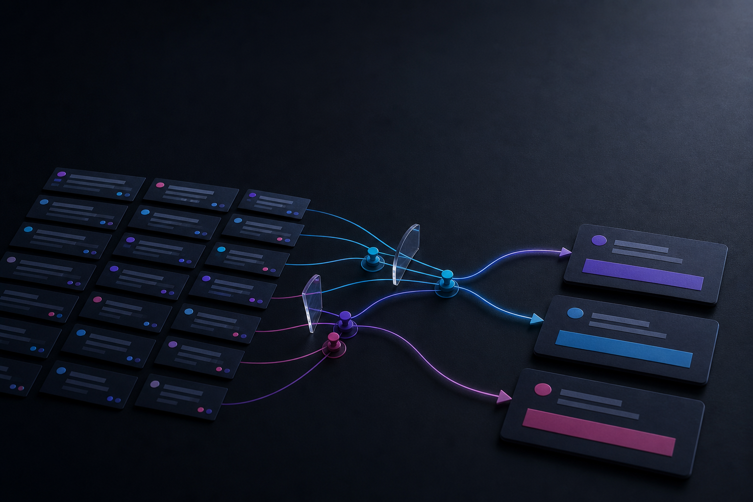 Dark comment analysis table with exported conversation rows, theme tags, and cyan violet insight paths