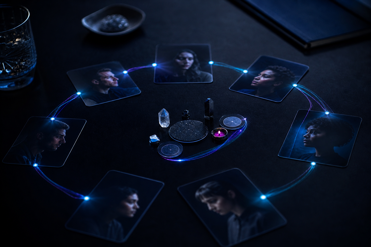 Dark small community workspace with member cards, recurring rituals, and cyan violet participation loops