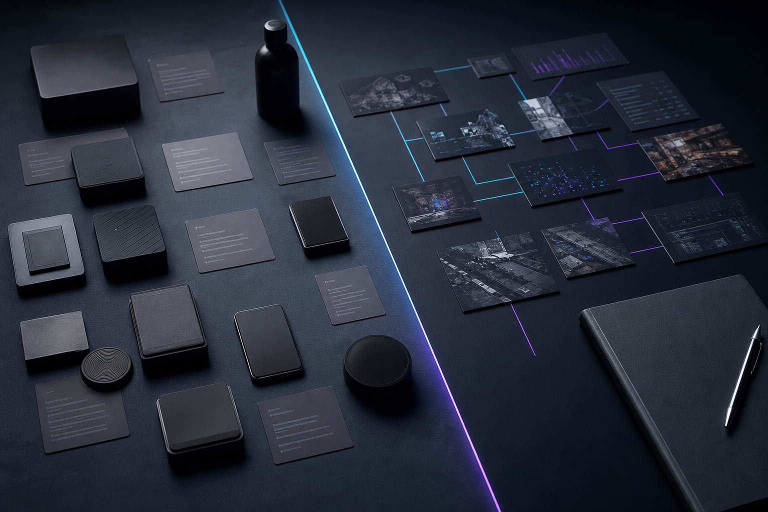 Dark competitor research matrix with visible brand cards, safe boundary markers, and cyan violet comparison lines