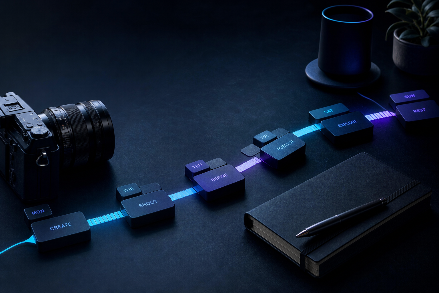 Dark creator planning scene with batch schedule cards, rest blocks, and cyan violet content paths