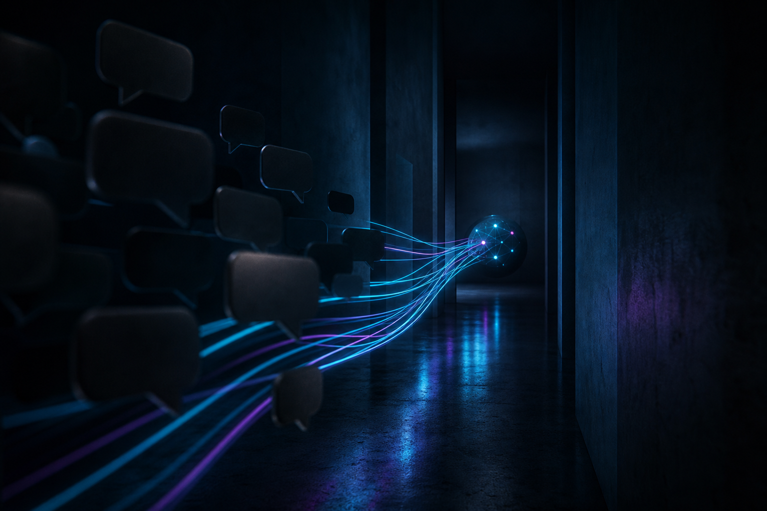 Dark analytics scene with private share paths, copied links, and cyan violet traffic signals fading into shadow