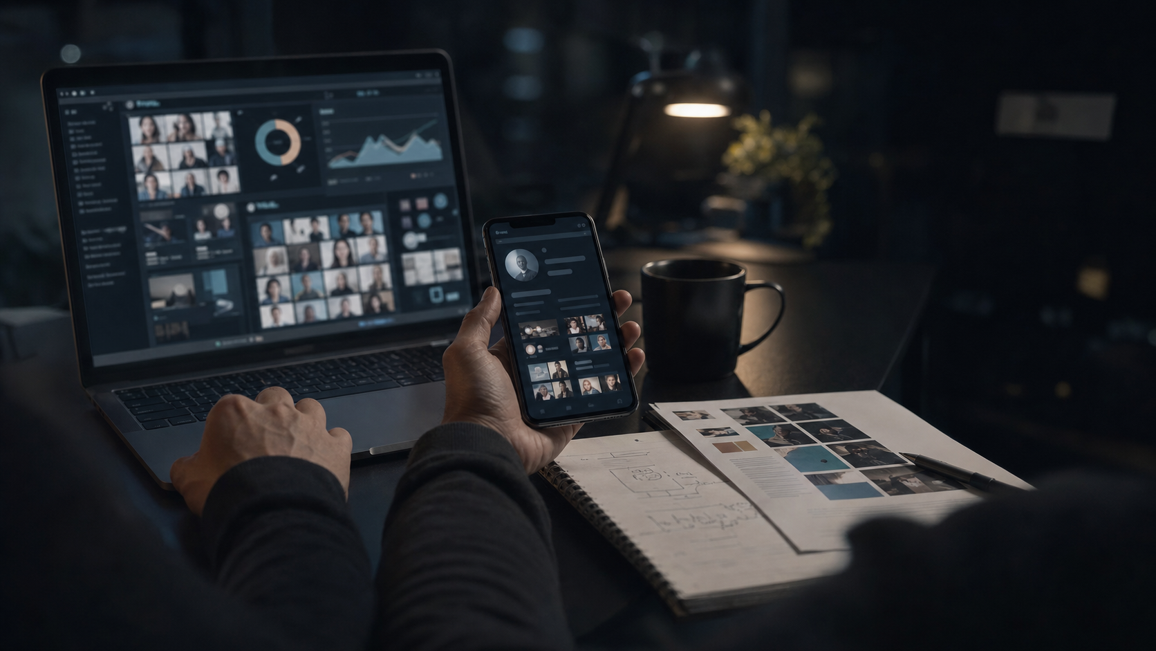 Social media profiles reviewed across laptop and phone screens for reputation research