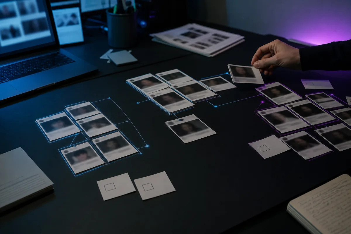 Public profile review cards connected by reputation signals during a trust audit