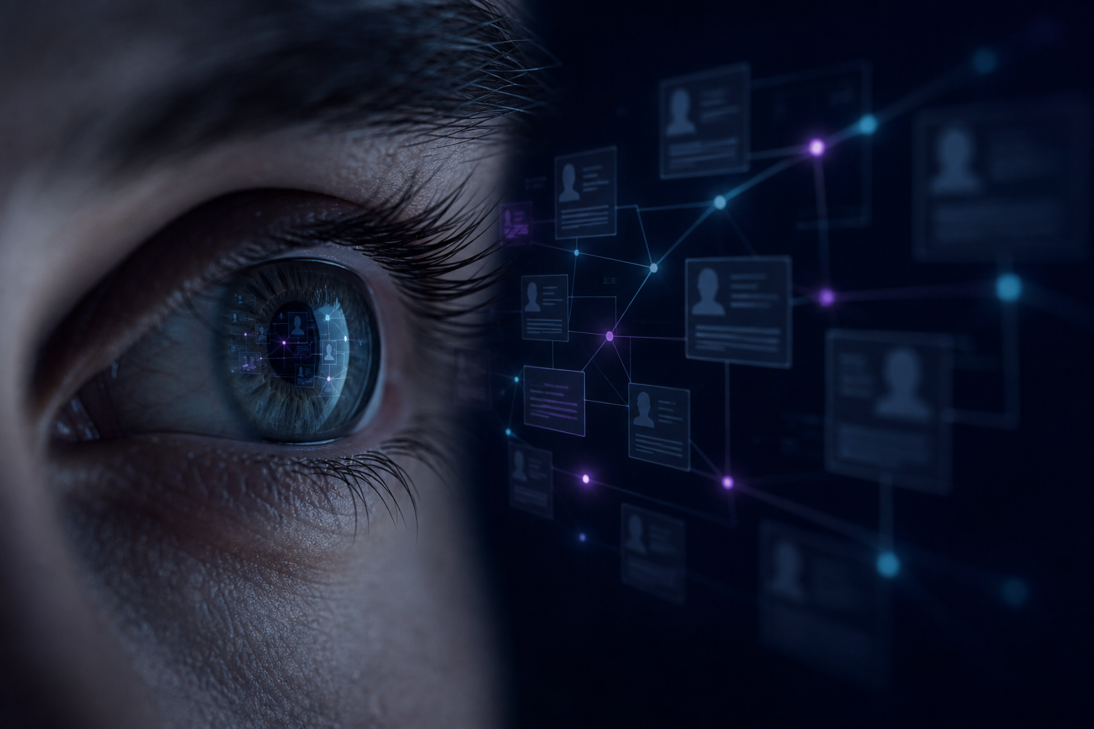 Close-up eye reflected in dark public profile cards with cyan and violet review signals