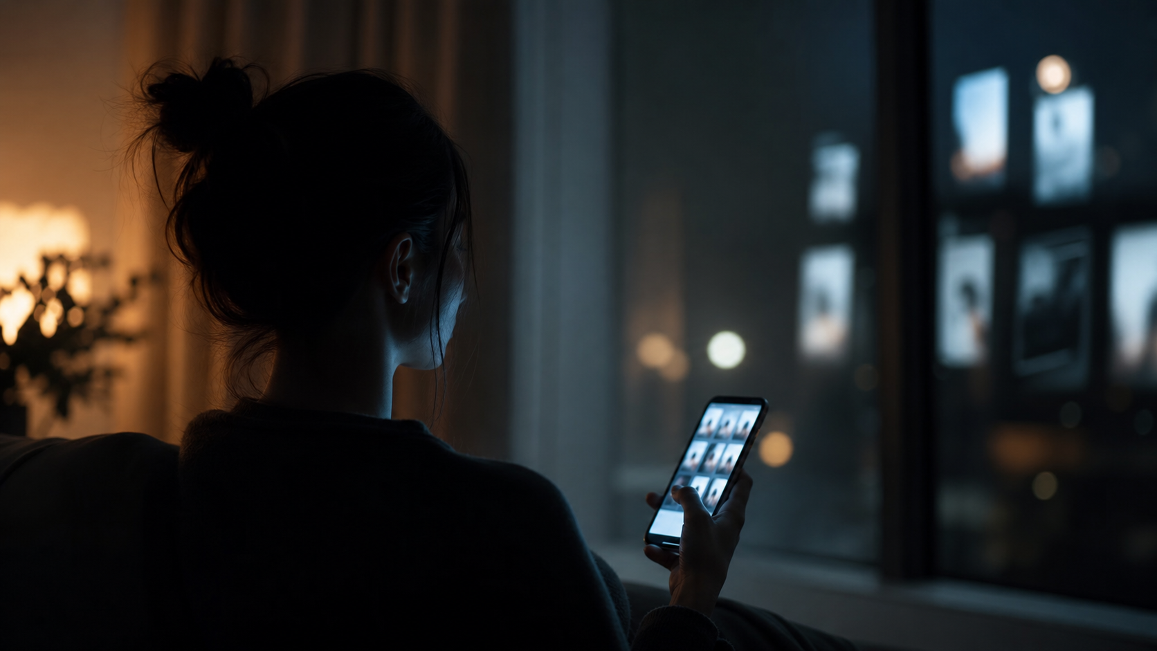 Person quietly viewing social media on a phone, reflecting passive online behavior