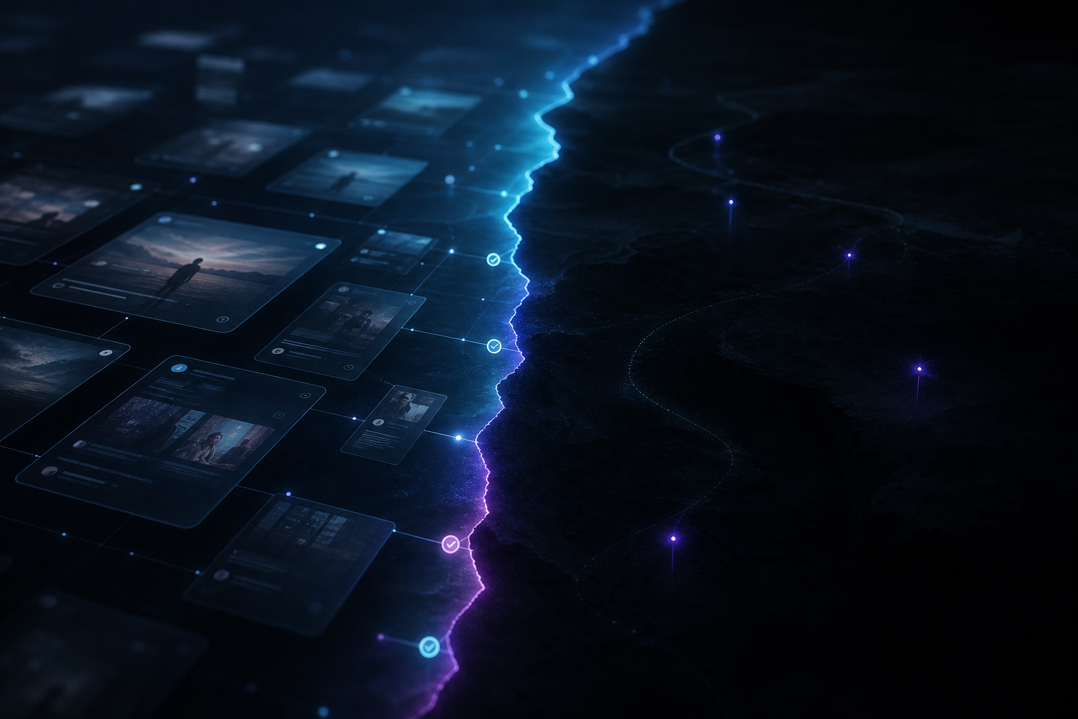 Dark boundary map separating public social cards from private areas with cyan violet safety lines