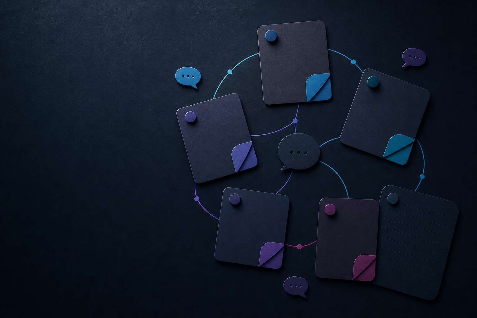 Dark listening dashboard with saved queries, comment cards, and cyan violet signals grouped into weekly notes
