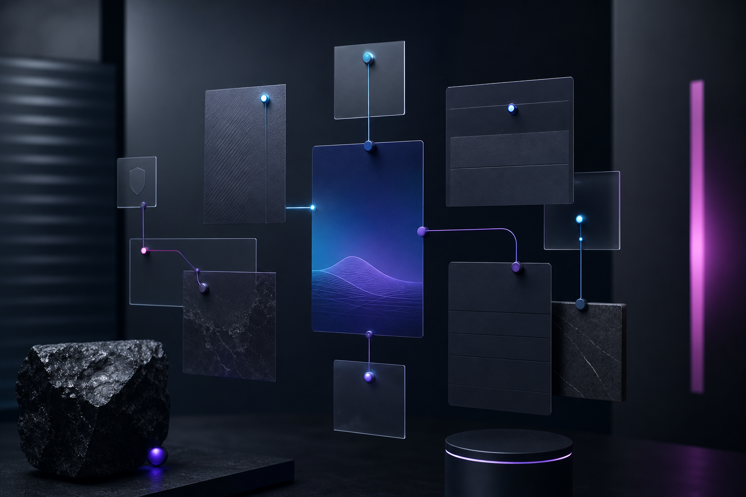 Dark website trust layout with review cards, proof widgets, and cyan violet validation markers