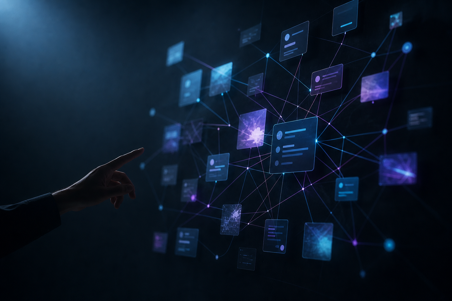 Dark discovery map with search cards, social posts, and cyan violet paths connecting brand evidence