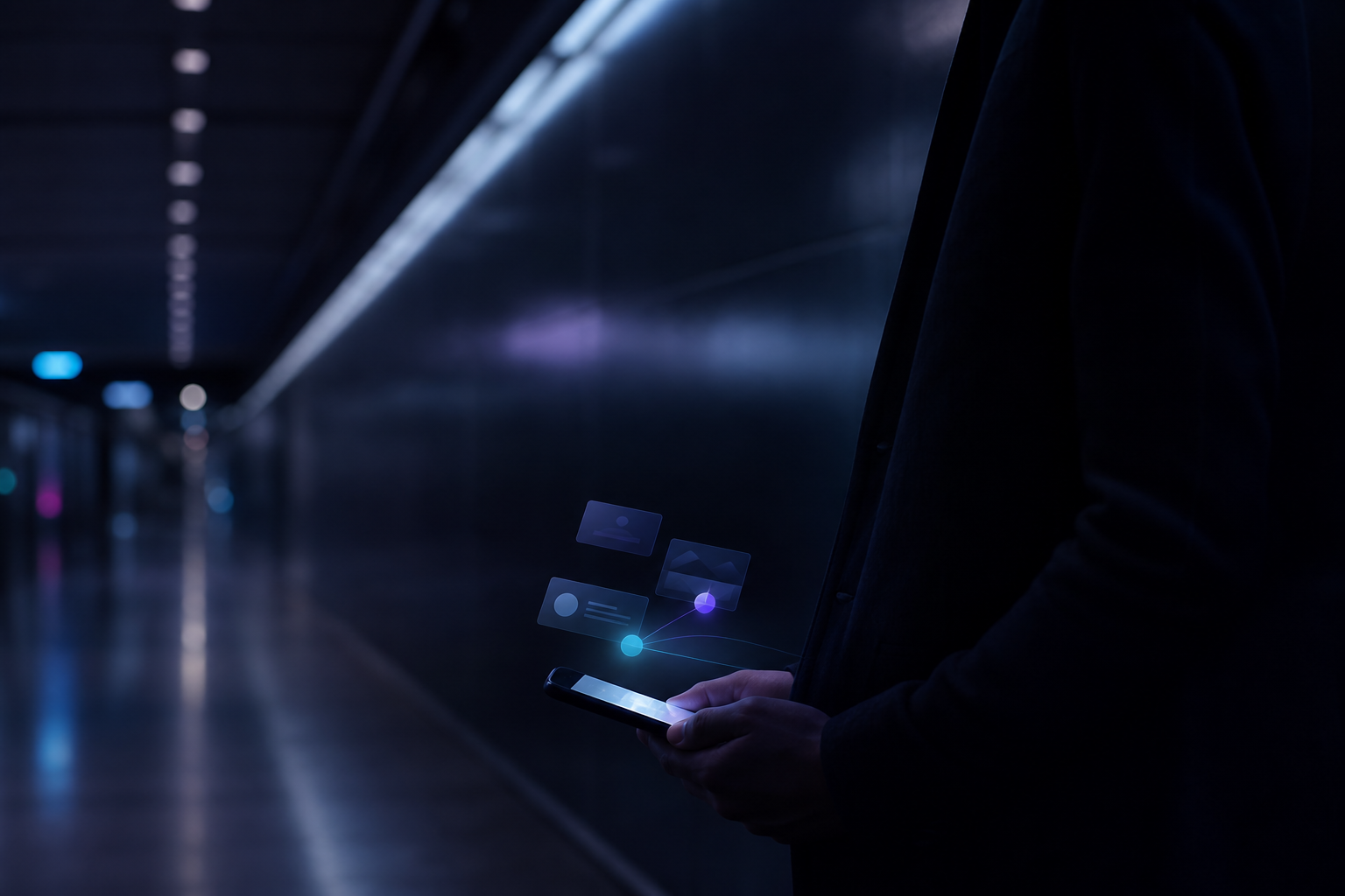 Quiet social audience scene with muted profile cards, saved posts, and subtle cyan violet activity trails