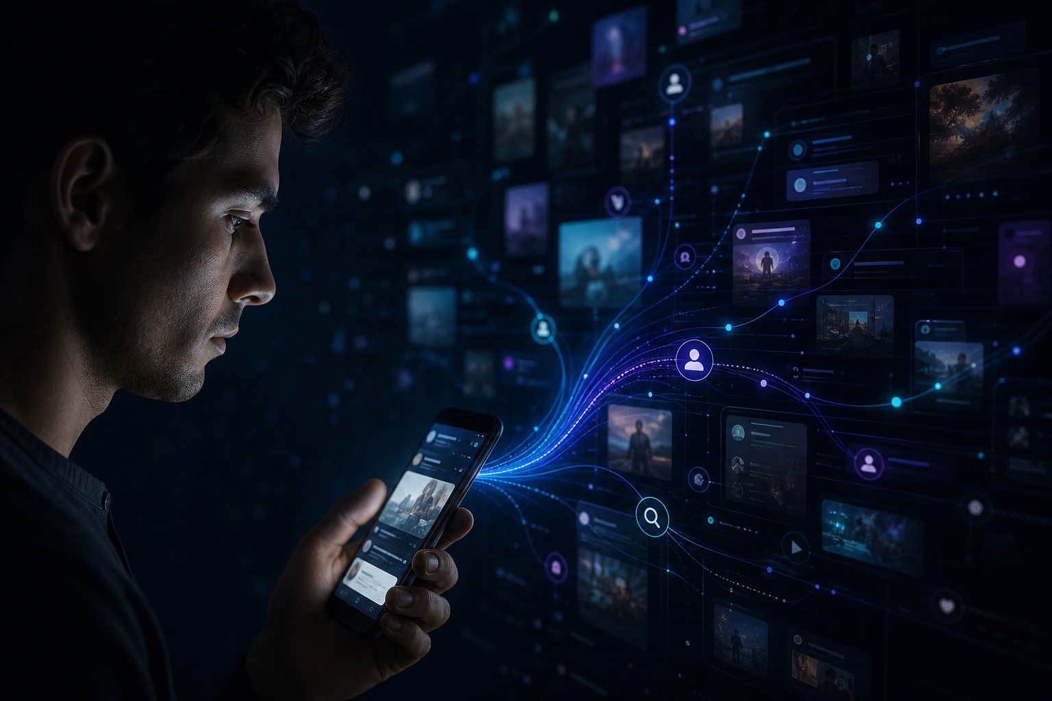 Person holding a phone while cyan and violet signal paths connect social feed cards on a dark interface wall